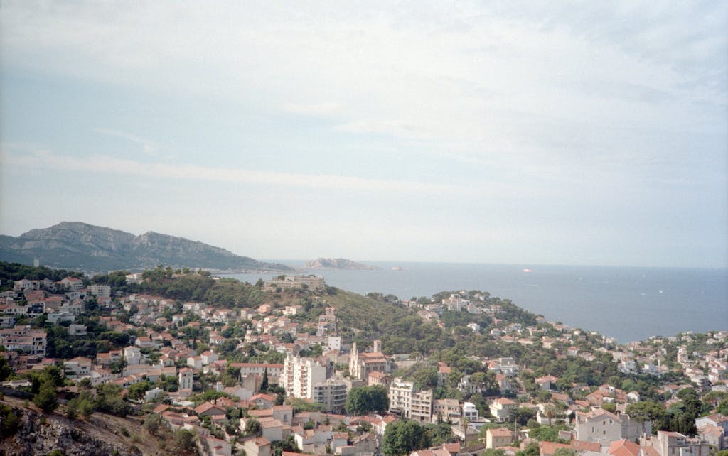 Aerial view of Marseille's coastal landscape and residential area.